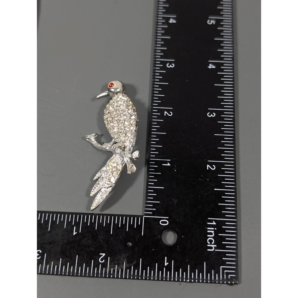Vintage 1960s Brooch Rhinestone Pave Bird On Branch Silver Tone - Picture 7 of 7